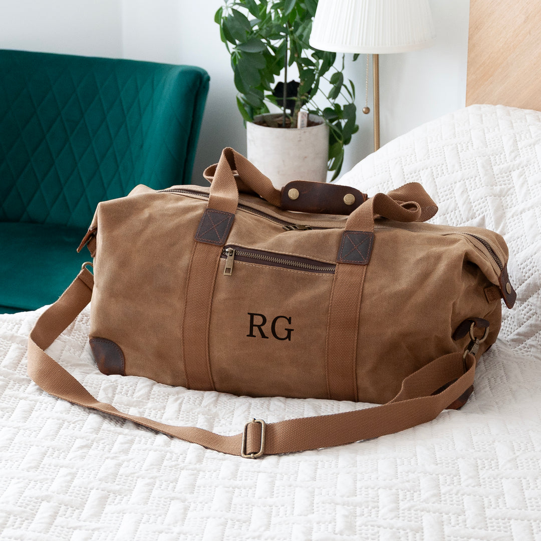 Personalised Waxed Canvas Holdall with Leather Trim