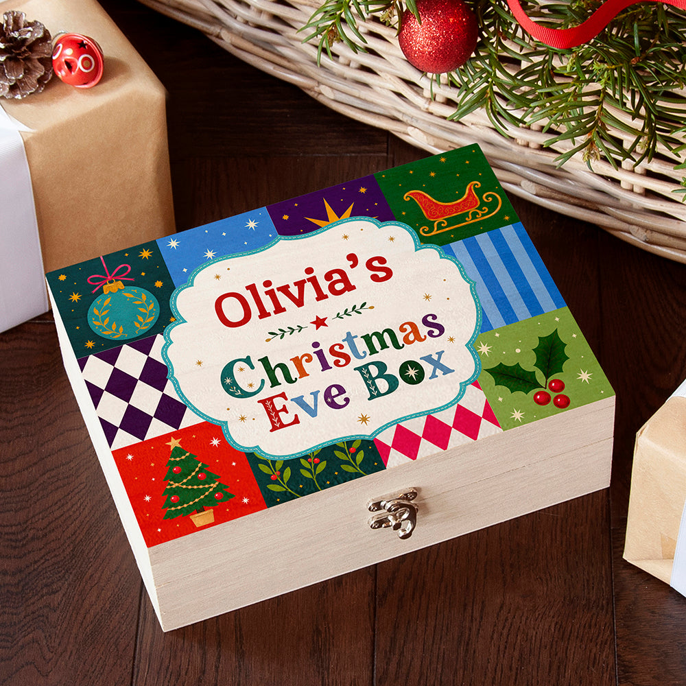 Personalised Festive Patchwork Christmas Eve Box, The Personal Shop, personalised gifts