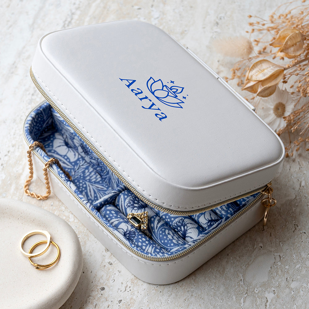 Personalised Diwali White & Blue Floral Jewellery Case, The Personal Shop, personalised gifts