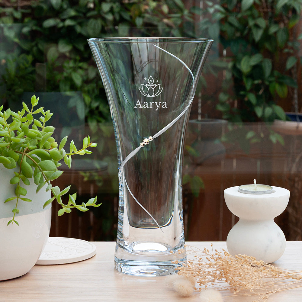 Personalised Diwali Lotus Crystal Glass Vase with Swarovski Crystals