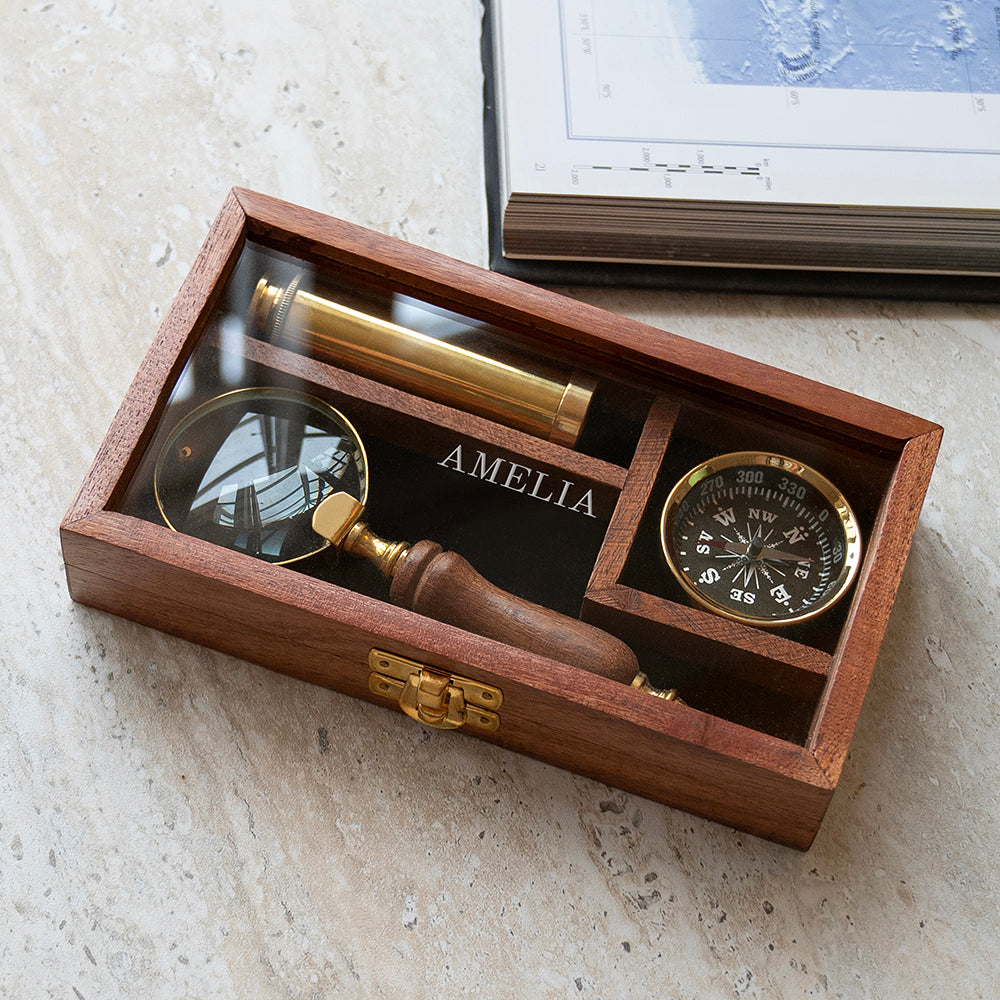 Personalised Brass Compass, Telescope & Magnifier Gift Set, The Personal Shop, personalised gifts
