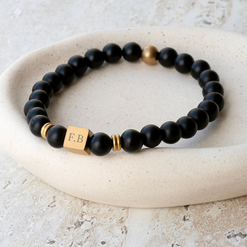 Personalised Matte Gold Plated &amp; Black Onyx Beaded Bracelet