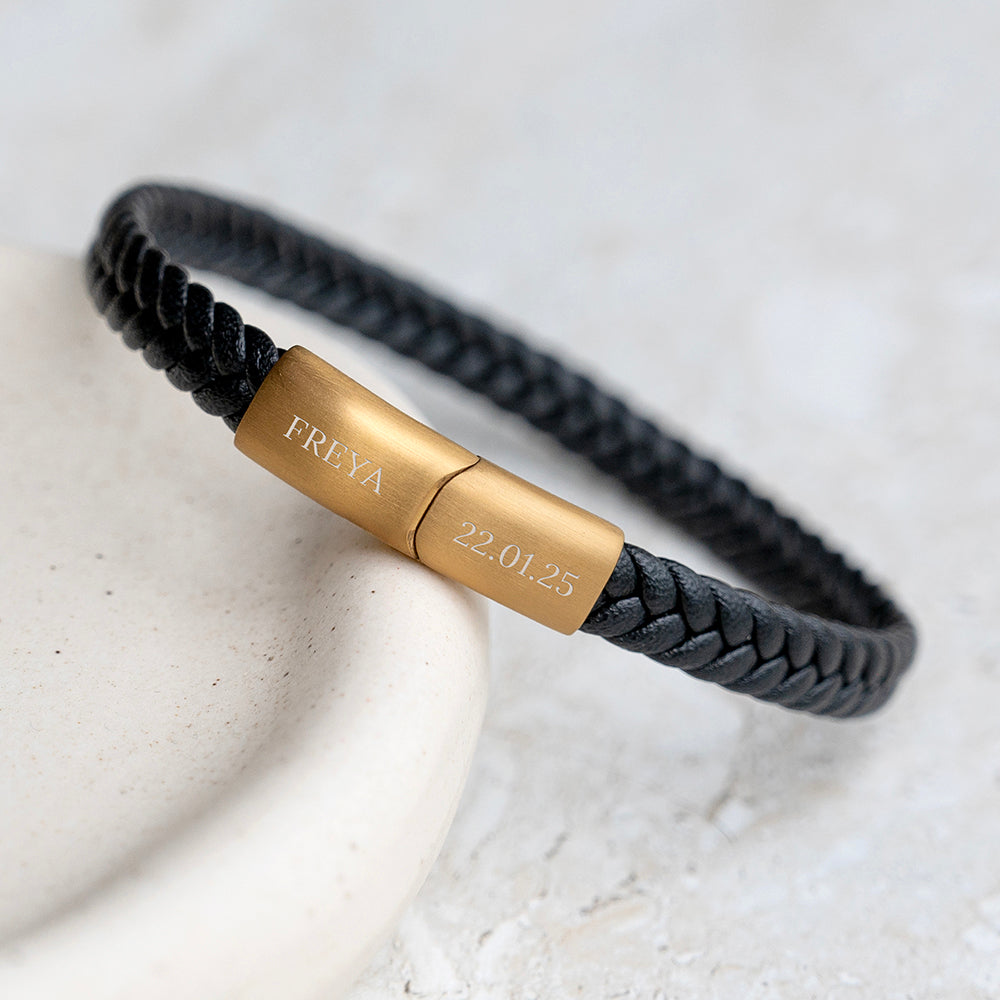 Personalised Woven Black Leather Bracelet with Brushed Clasp