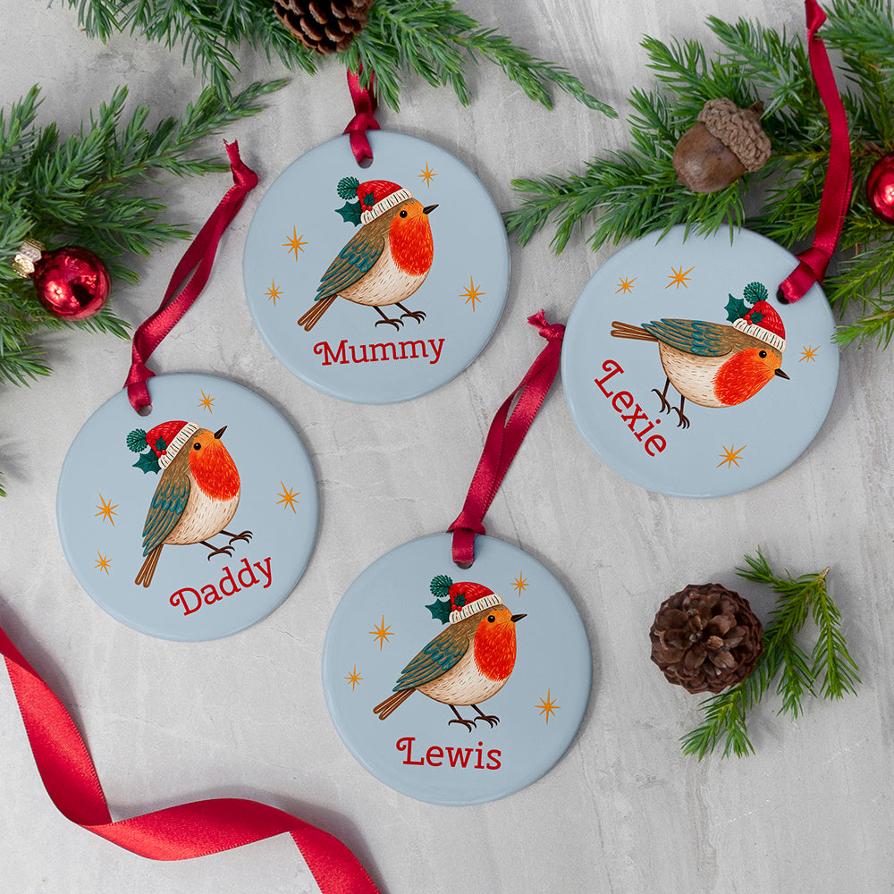 Personalised Robin Ceramic Family Christmas Tree Ornaments (Set of 4)