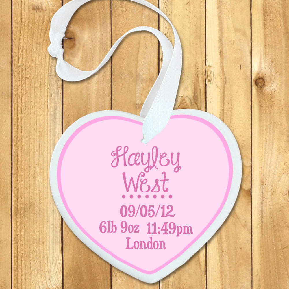 Personalised Pink Heart Baby Birth Details Keepsake