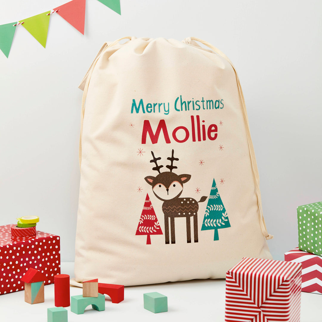 Personalised Christmas Reindeer Sack, The Personal Shop, personalised gifts