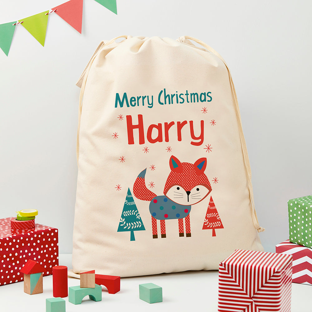 Personalised Festive Fox Christmas Sack, The Personal Shop, personalised gifts