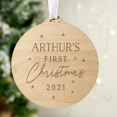 Personalised Baby's First Christmas Round Wooden Decoration
