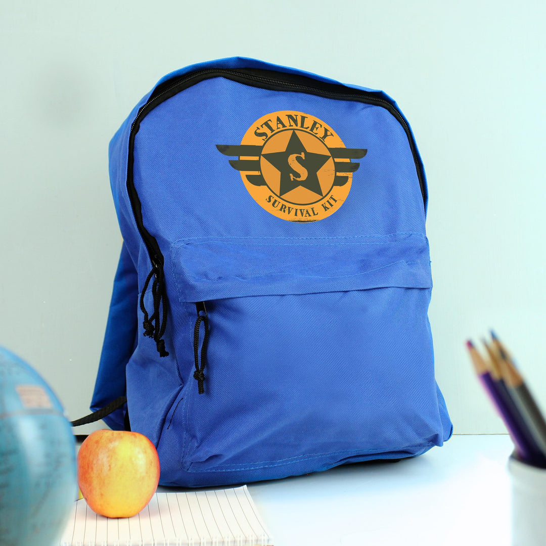 Personalised Badge Blue Backpack, The Personal Shop, personalised gifts