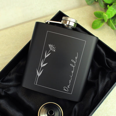 Personalised Monochrome Floral Name Wedding Party Black Hip Flask