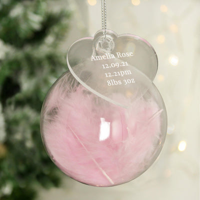 Personalised Free Text Pink Feather Glass Bauble With Heart Tag