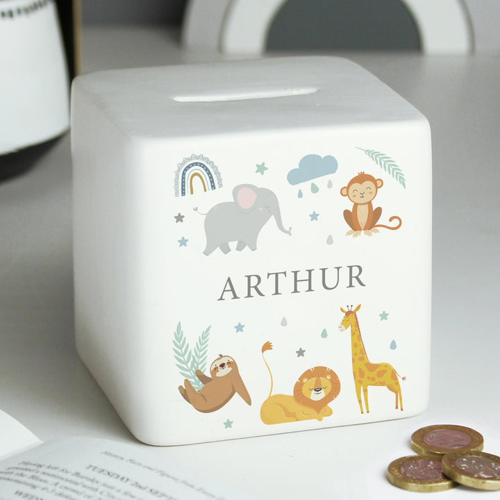 Personalised Safari Animals Ceramic Baby Moneybox