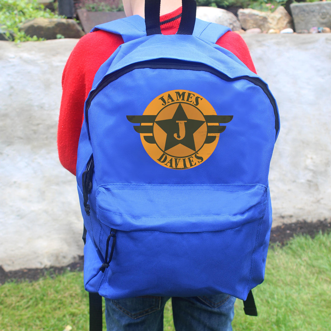Personalised Badge Blue Backpack, The Personal Shop, personalised gifts