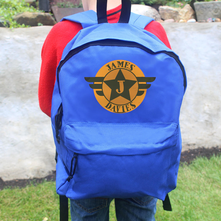 Personalised Badge Blue Backpack, The Personal Shop, personalised gifts