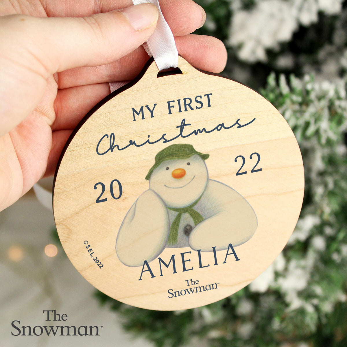 Personalised The Snowman My First Christmas Round Wooden Decoration, The Personal Shop, personalised gifts