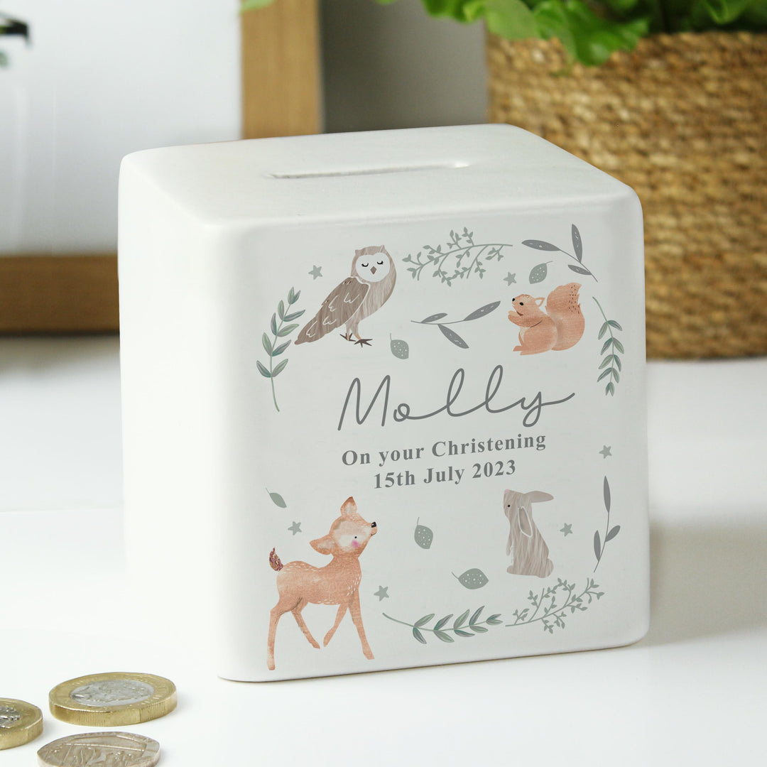 Personalised Woodland Animals Ceramic Square Money Box – alternative view