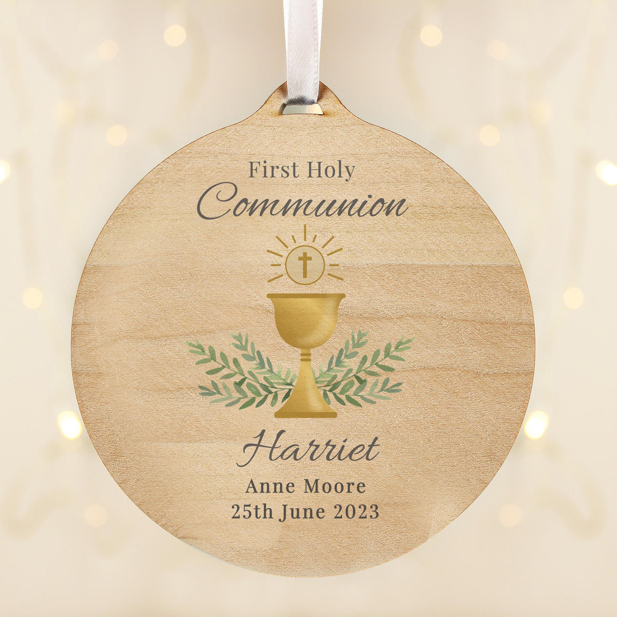 Personalised First Holy Communion Round Wooden Decoration – alternative view