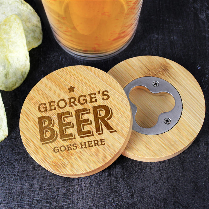 Personalised Beer Goes Here Bamboo Bottle Opener Coaster – alternative view