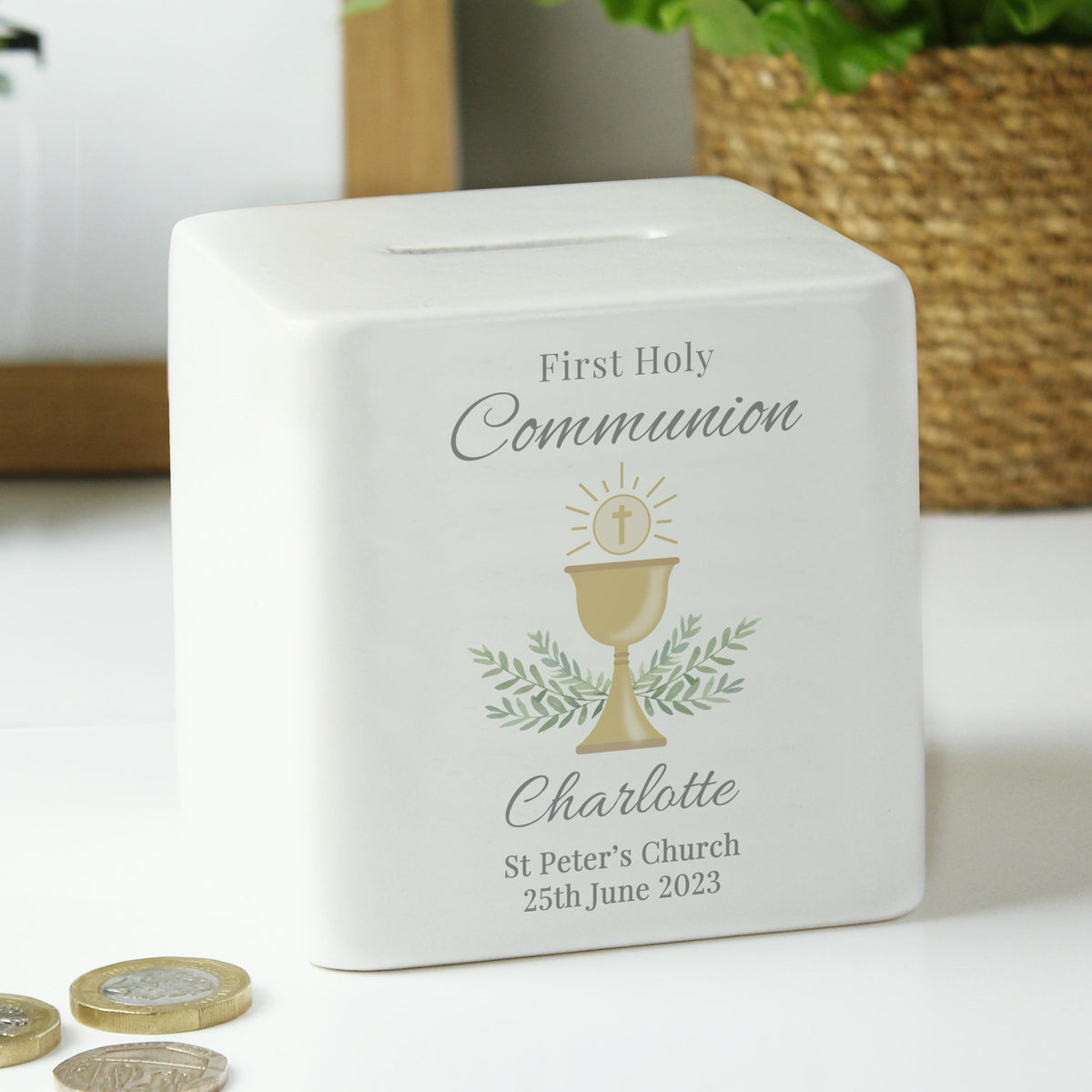 Personalised First Holy Communion Ceramic Square Money Box, The Personal Shop, personalised gifts