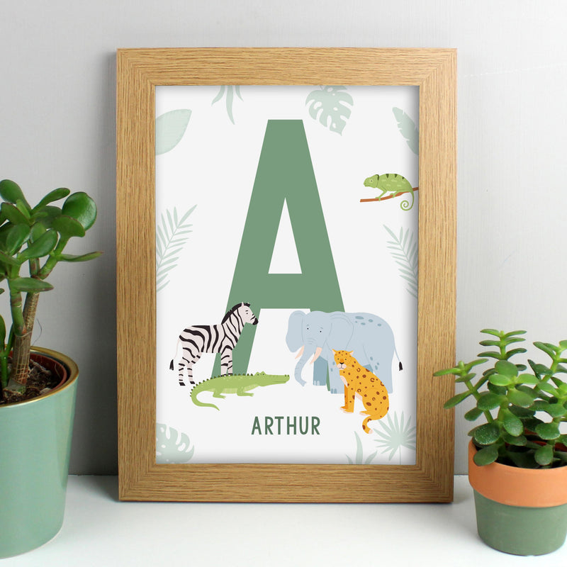 Personalised Jungle Animals Initial A4 Oak Framed Print