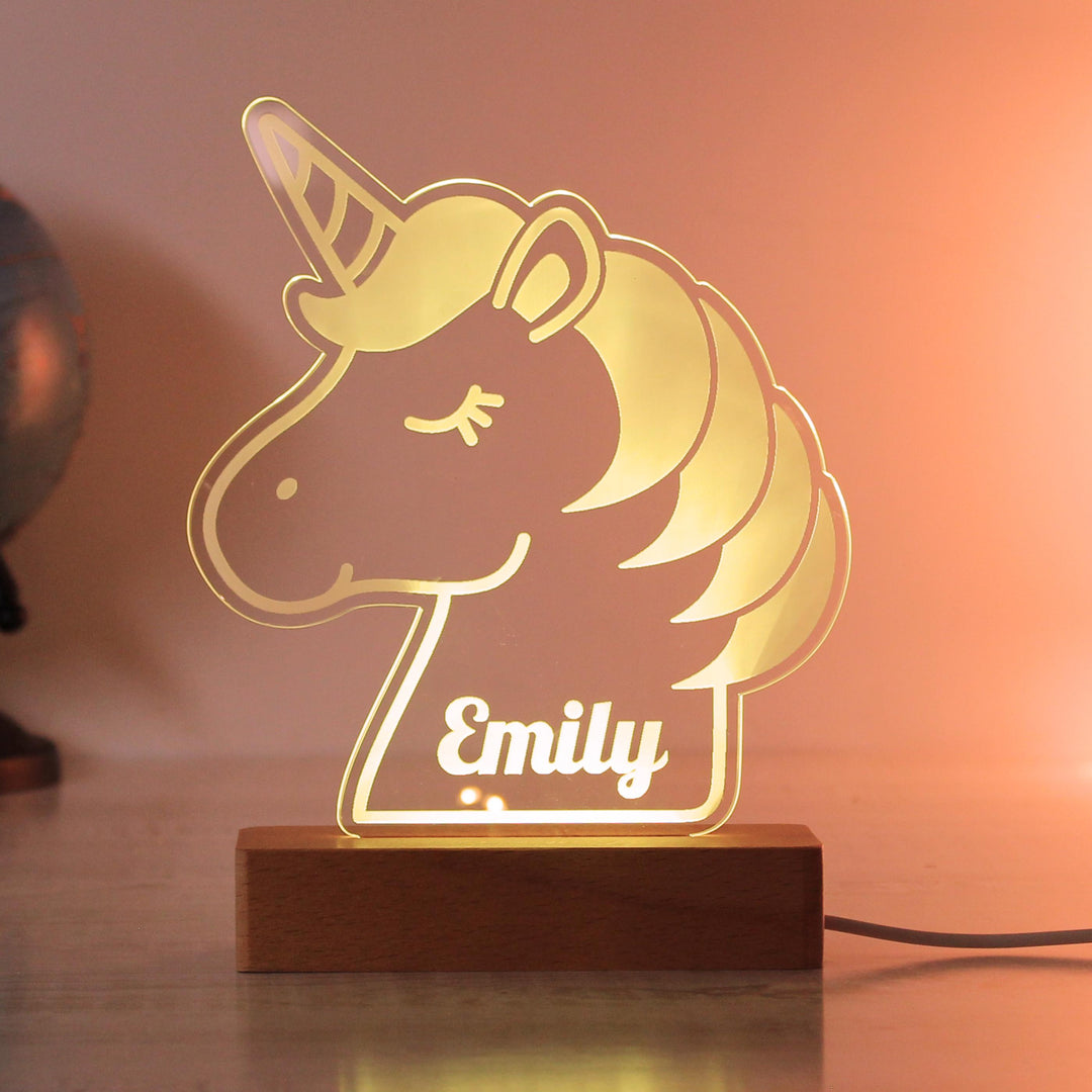 Personalised Unicorn LED Light with Wooden Base