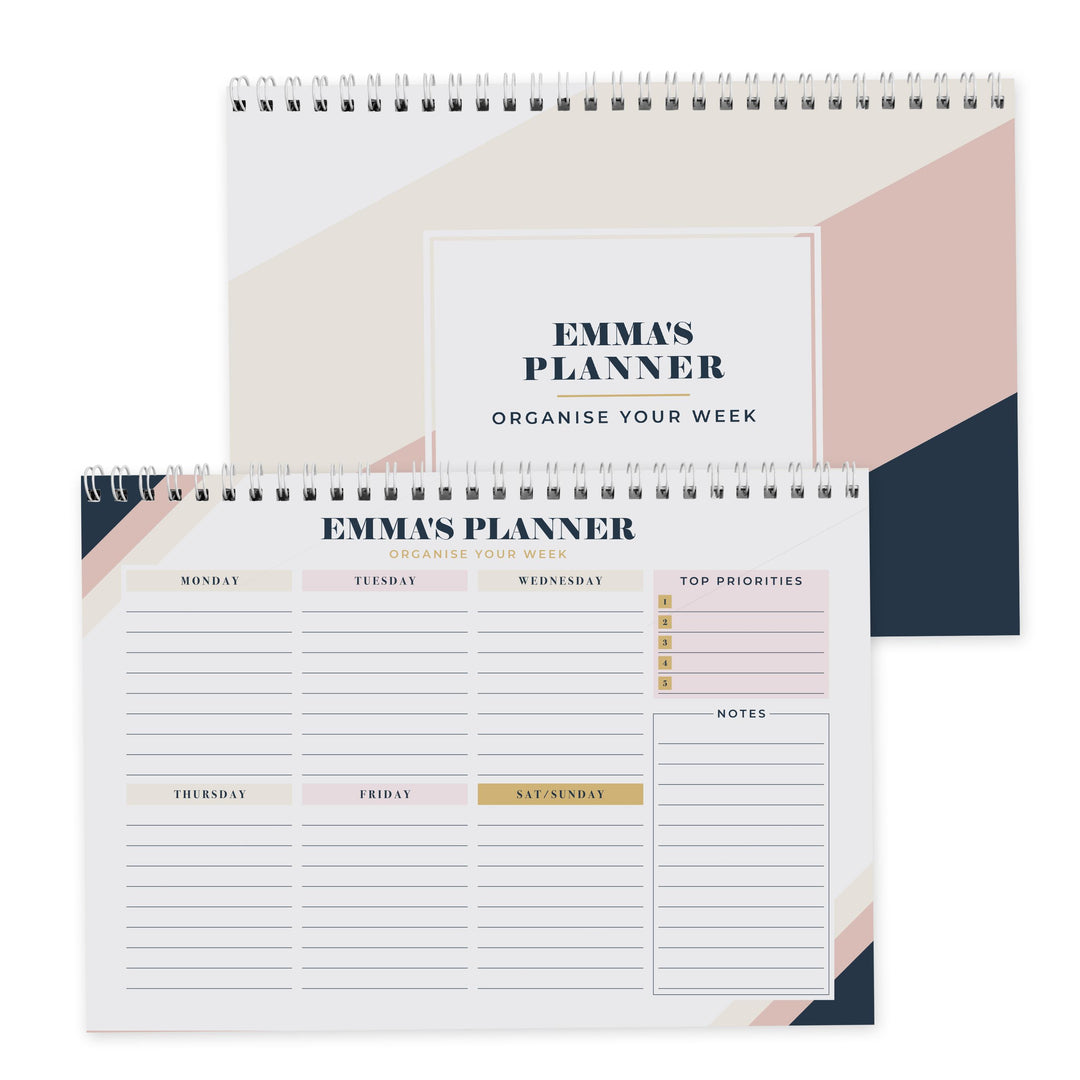 Personalised Free Text Navy &amp; Blush A4 Desk Planner, The Personal Shop, personalised gifts