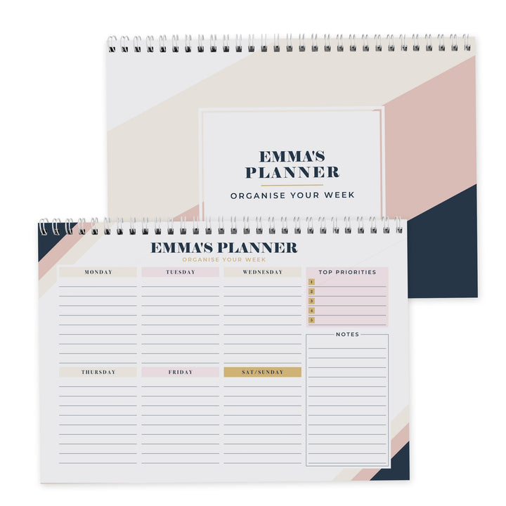 Personalised Free Text Navy &amp; Blush A4 Desk Planner, The Personal Shop, personalised gifts