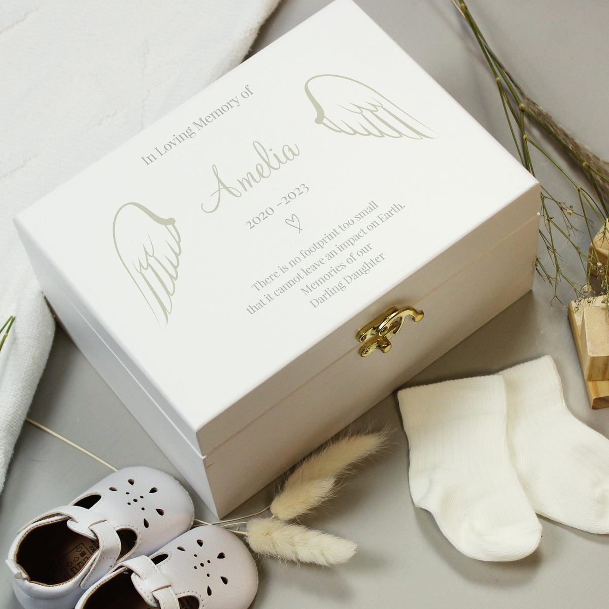 Personalised Angel Wings Memorial White Wooden Box – alternative view