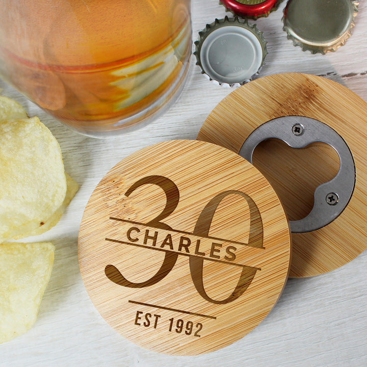 Personalised Big Age Bamboo Bottle Opener Coaster, The Personal Shop, personalised gifts