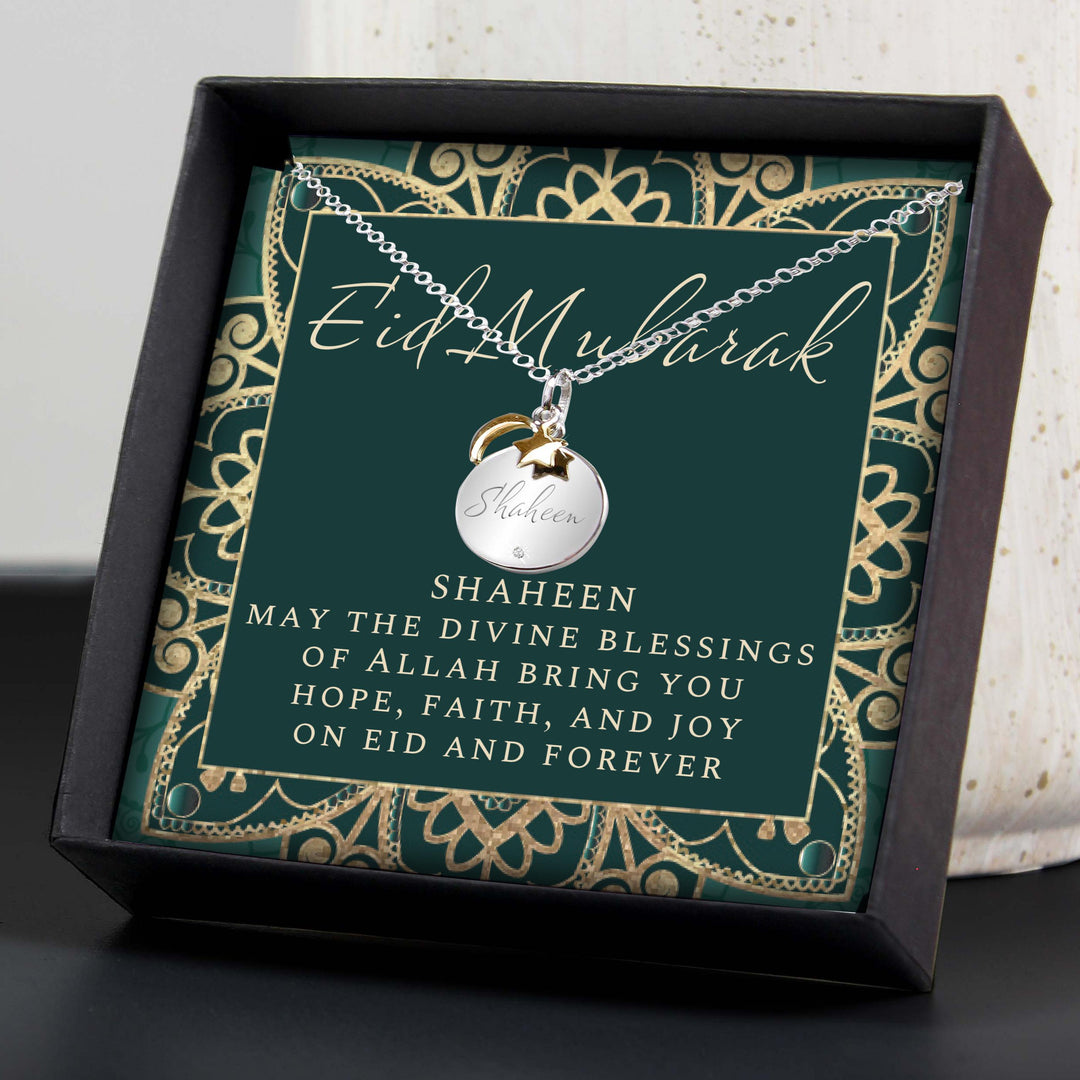Personalised Sentiment Eid Moon &amp; Star Sterling Silver Necklace and Box – alternative view