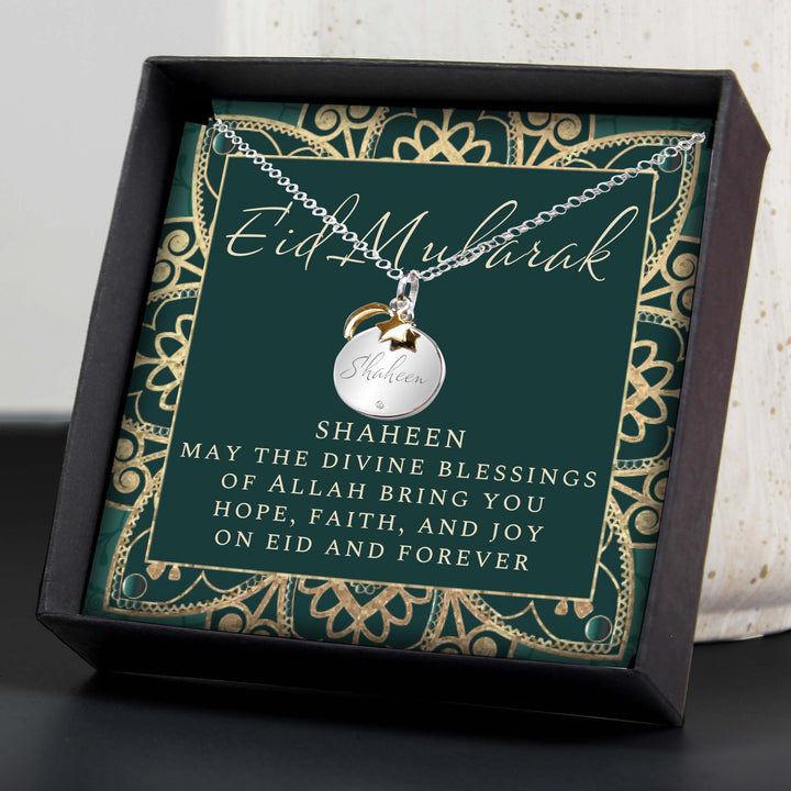 Personalised Sentiment Eid Moon &amp; Star Sterling Silver Necklace and Box – alternative view