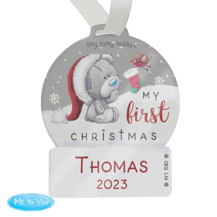 Personalised First Christmas Tiny Tatty Teddy Acrylic Snow Globe Decoration – alternative view