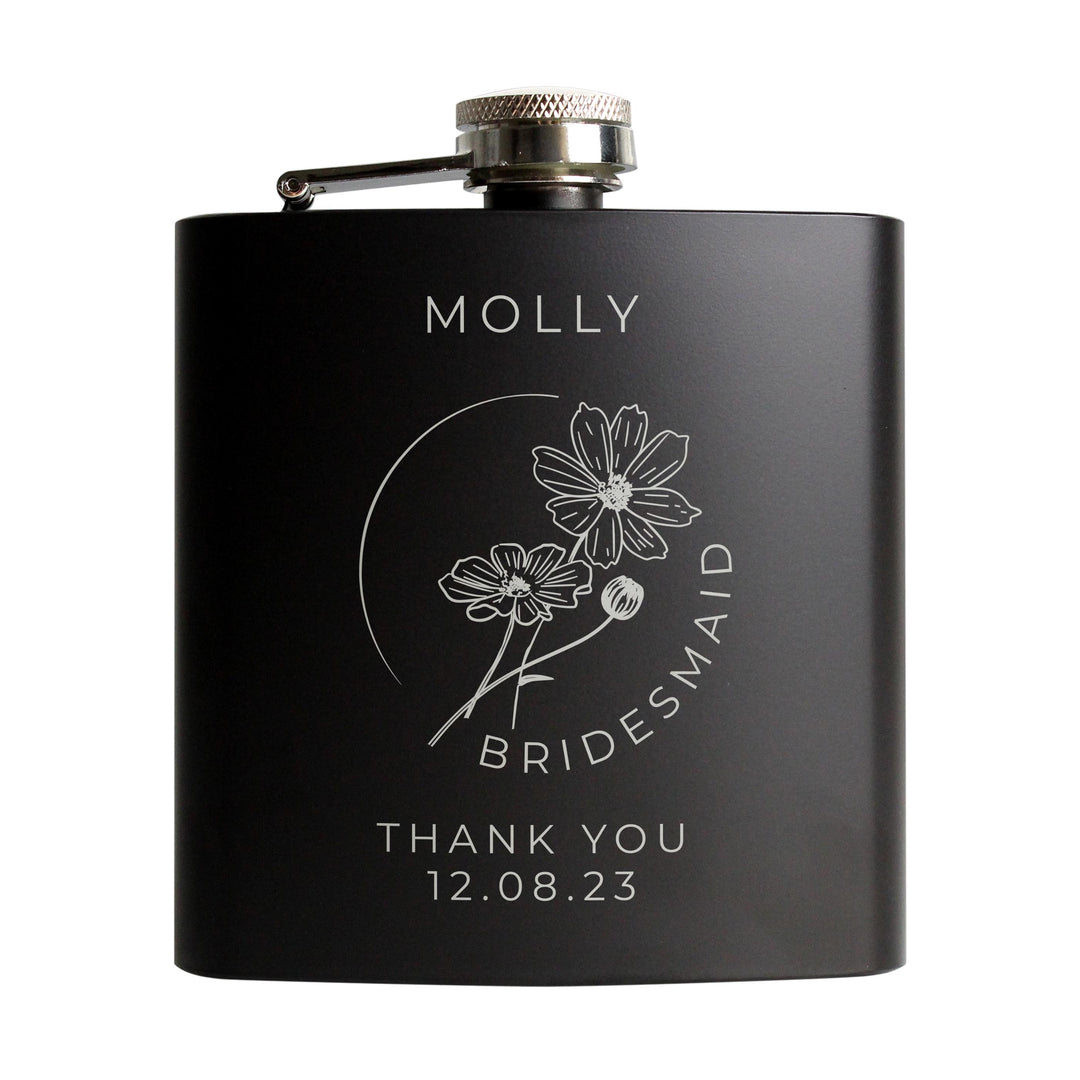 Personalised Monochrome Floral Wedding Party Black Hip Flask – alternative view