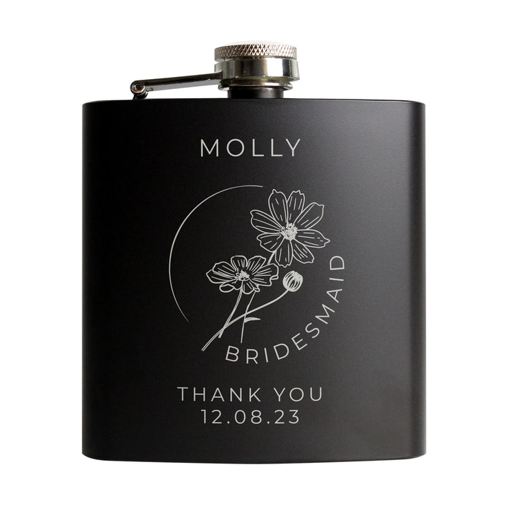 Personalised Monochrome Floral Wedding Party Black Hip Flask – alternative view