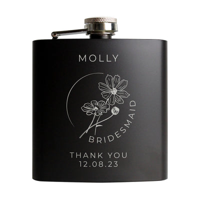 Personalised Monochrome Floral Wedding Party Black Hip Flask