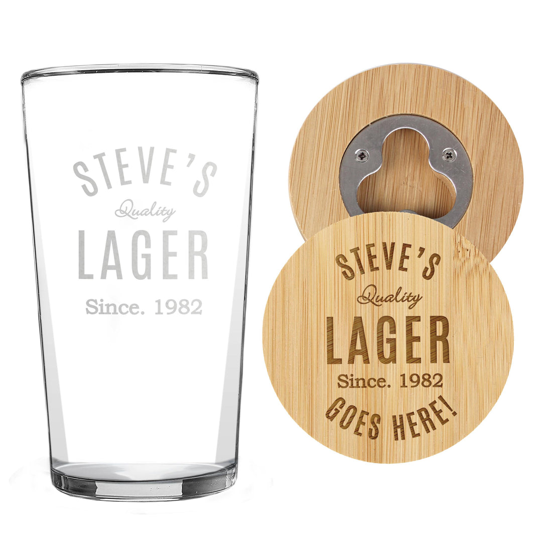 Personalised Free Text Bamboo Bottle Opener Coaster and Pint Glass – alternative view