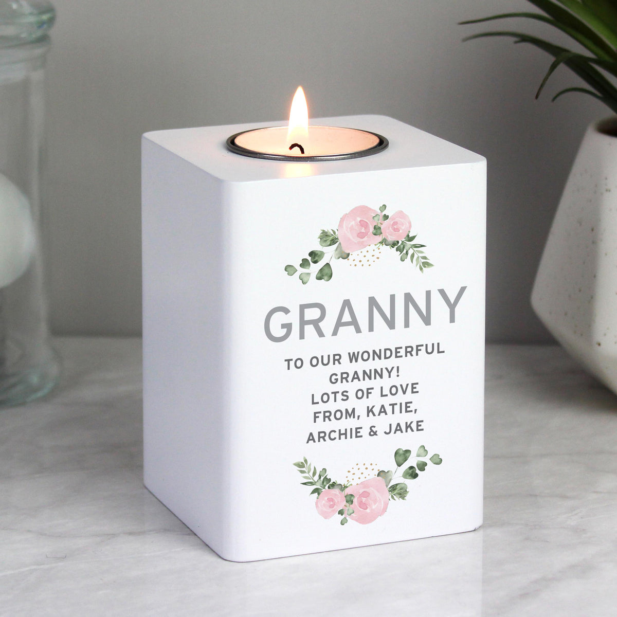 Personalised Abstract Rose White Wooden Tea light Holder – alternative view