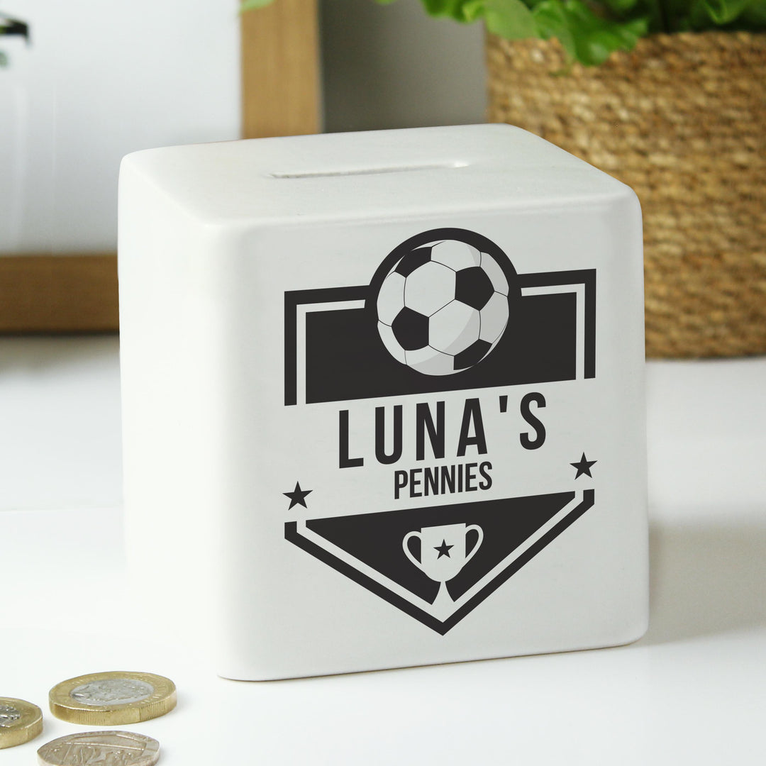 Personalised Football Badge Ceramic Square Money Box – alternative view