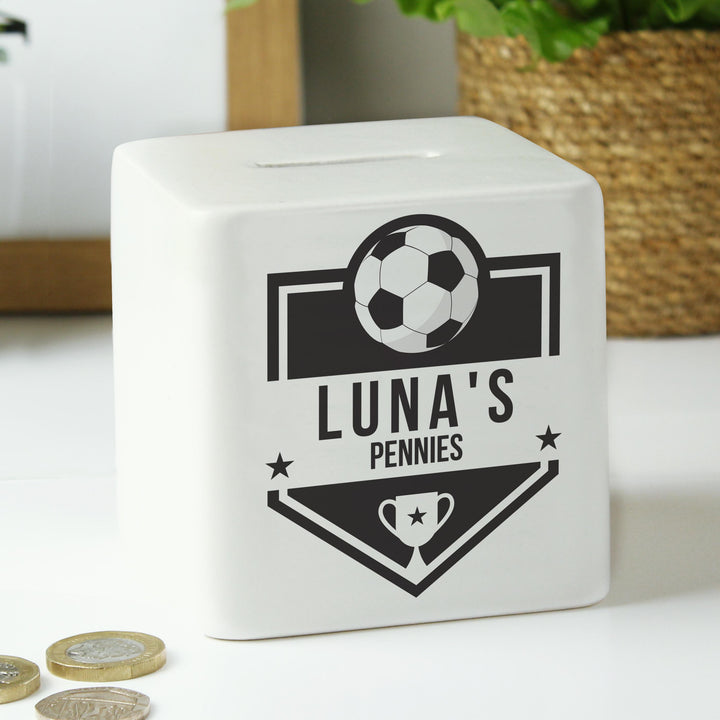 Personalised Football Badge Ceramic Square Money Box – alternative view