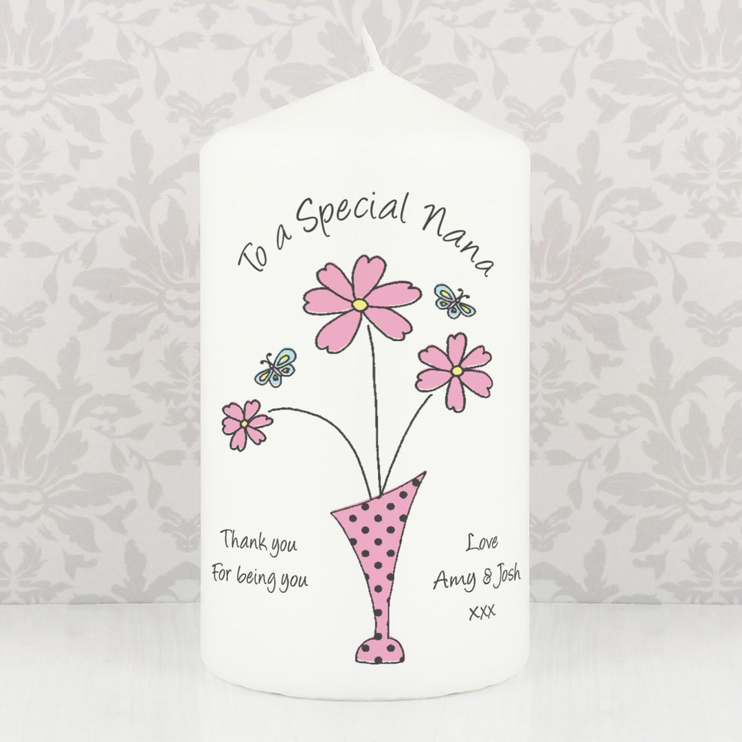 Personalised Flower in Vase Message Pillar Candle, The Personal Shop, personalised gifts