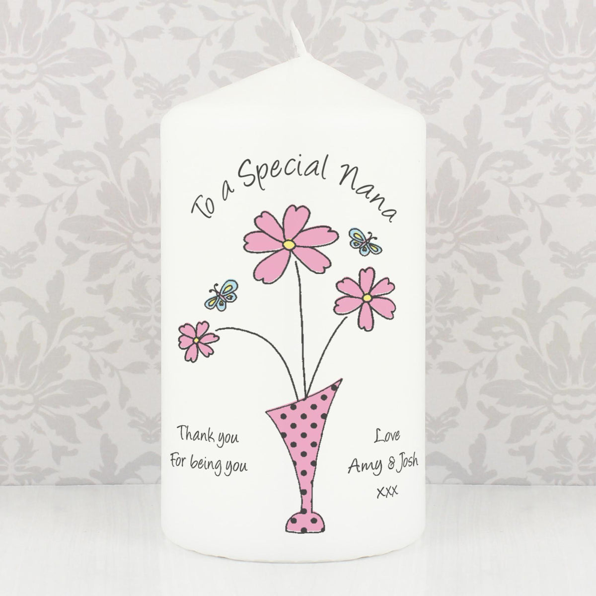 Personalised Flower in Vase Message Pillar Candle, The Personal Shop, personalised gifts