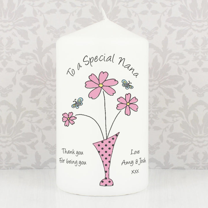 Personalised Flower in Vase Message Pillar Candle, The Personal Shop, personalised gifts