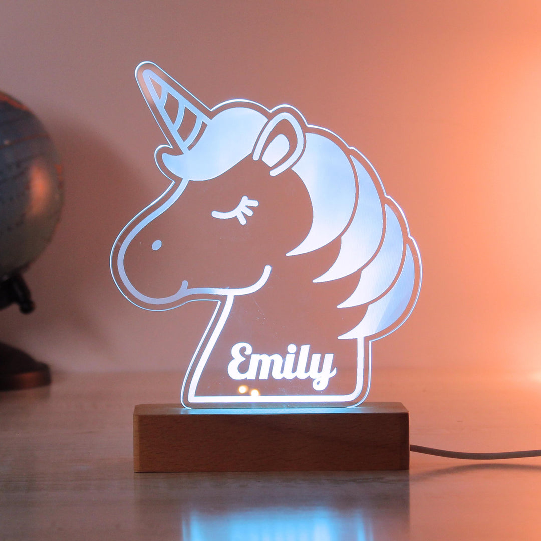 Personalised Unicorn LED Light with Wooden Base