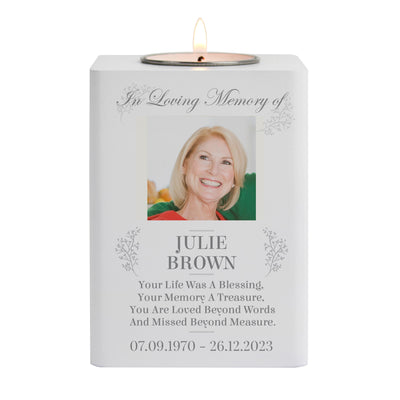 Personalised Memorial Photo White Wooden Tea light Holder