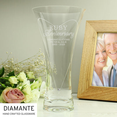 Personalised Ruby Anniversary Large Hand Cut Diamante Heart Vase