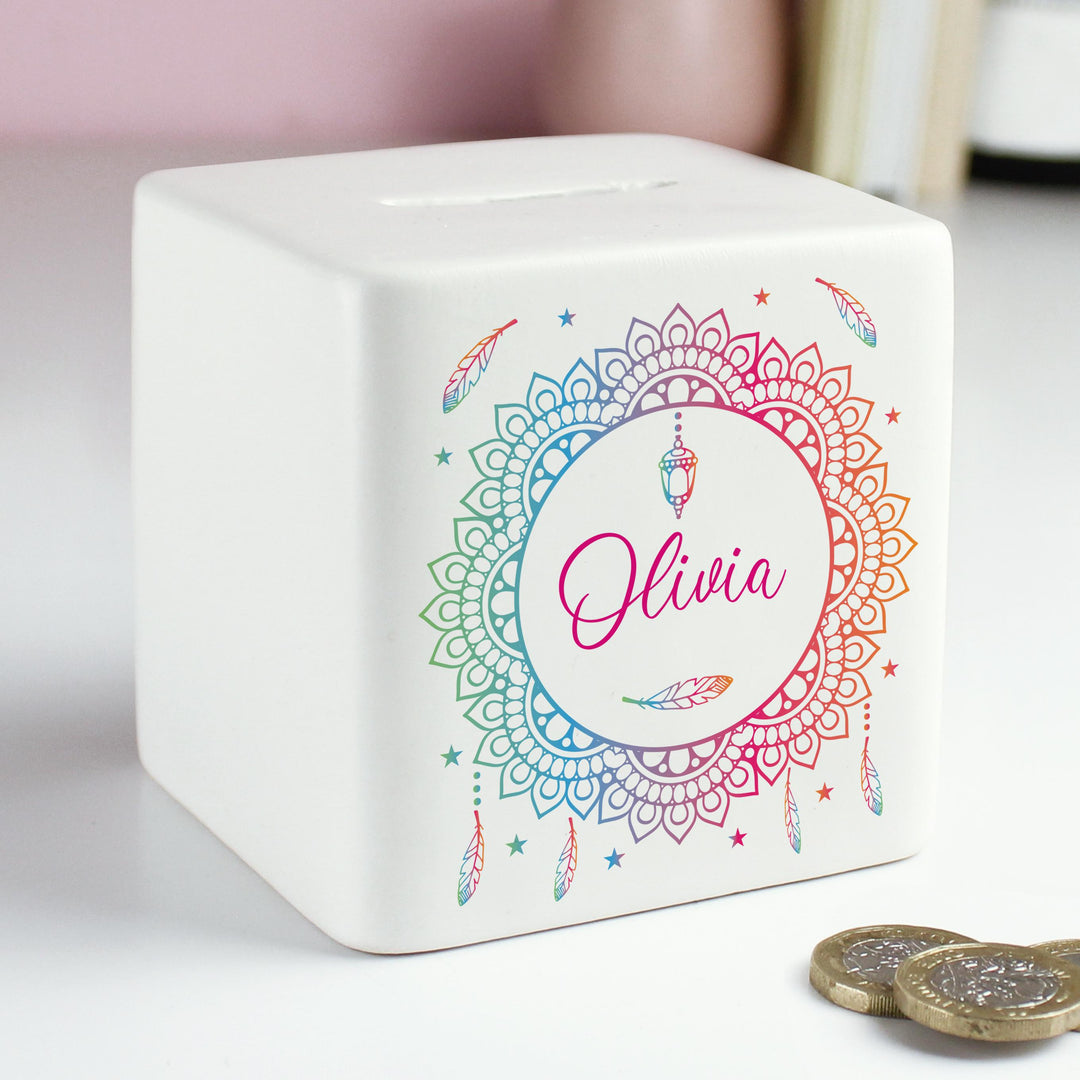 Personalised Dreamcatcher Ceramic Square Money Box – alternative view