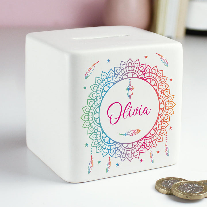 Personalised Dreamcatcher Ceramic Square Money Box – alternative view