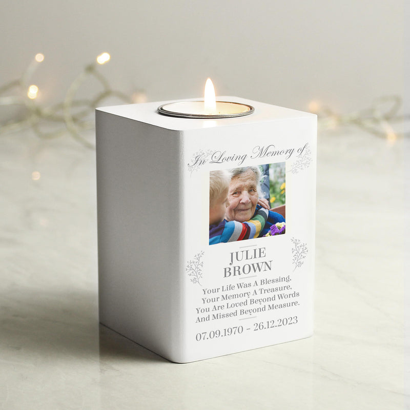 Personalised Memorial Photo White Wooden Tea light Holder