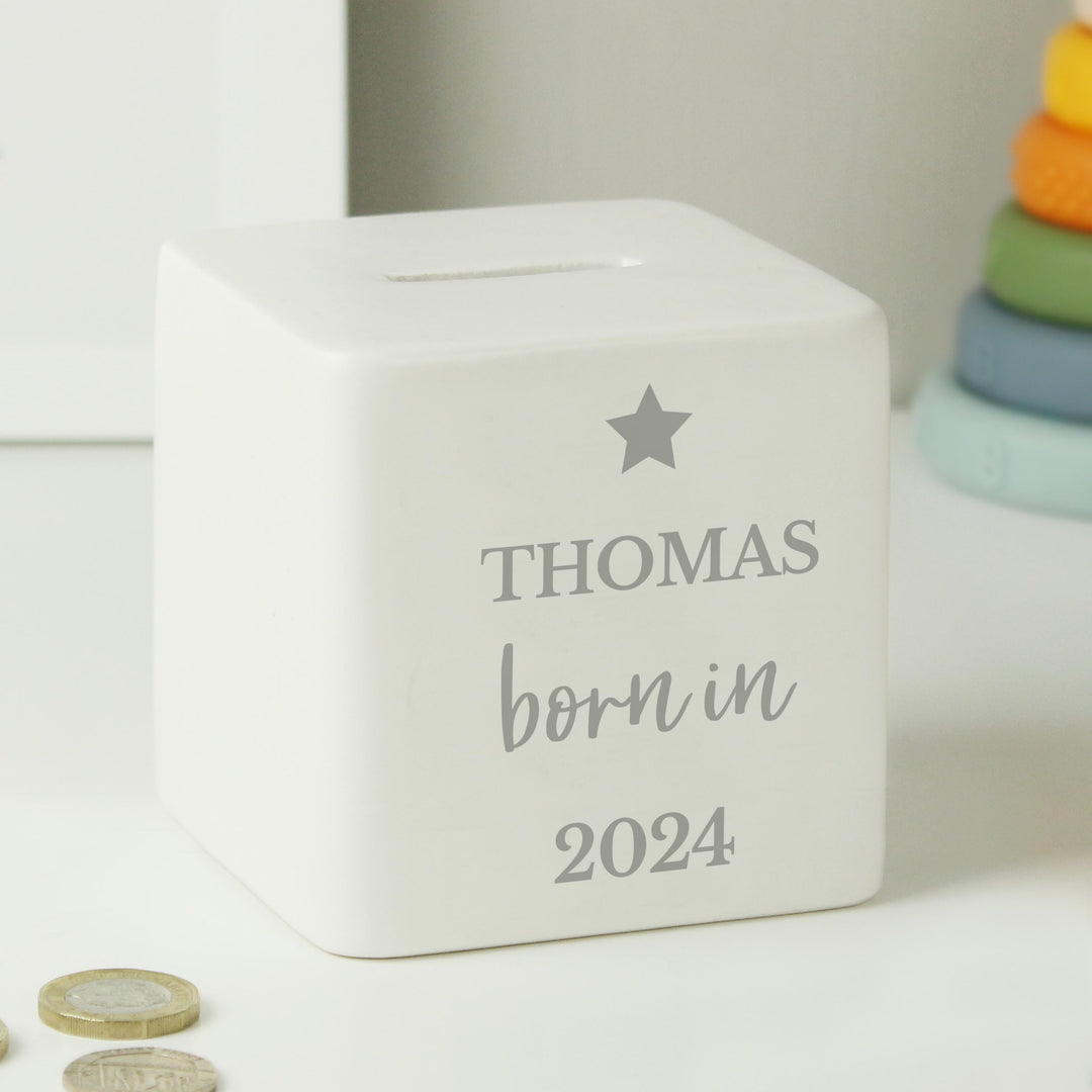 Personalised Born in Money Box – alternative view