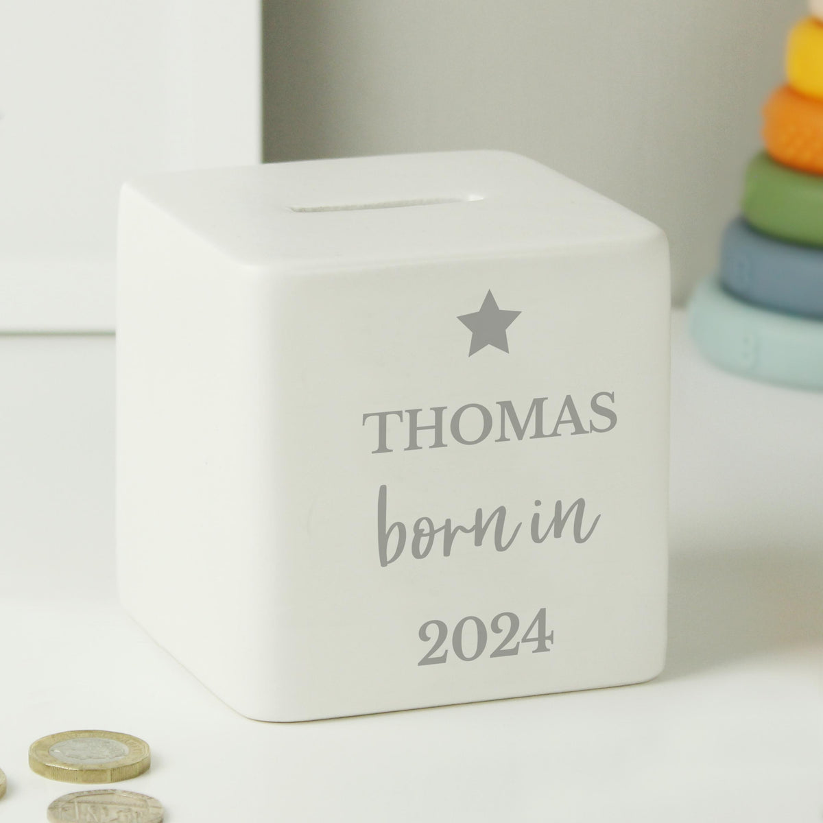 Personalised Born in Money Box – alternative view